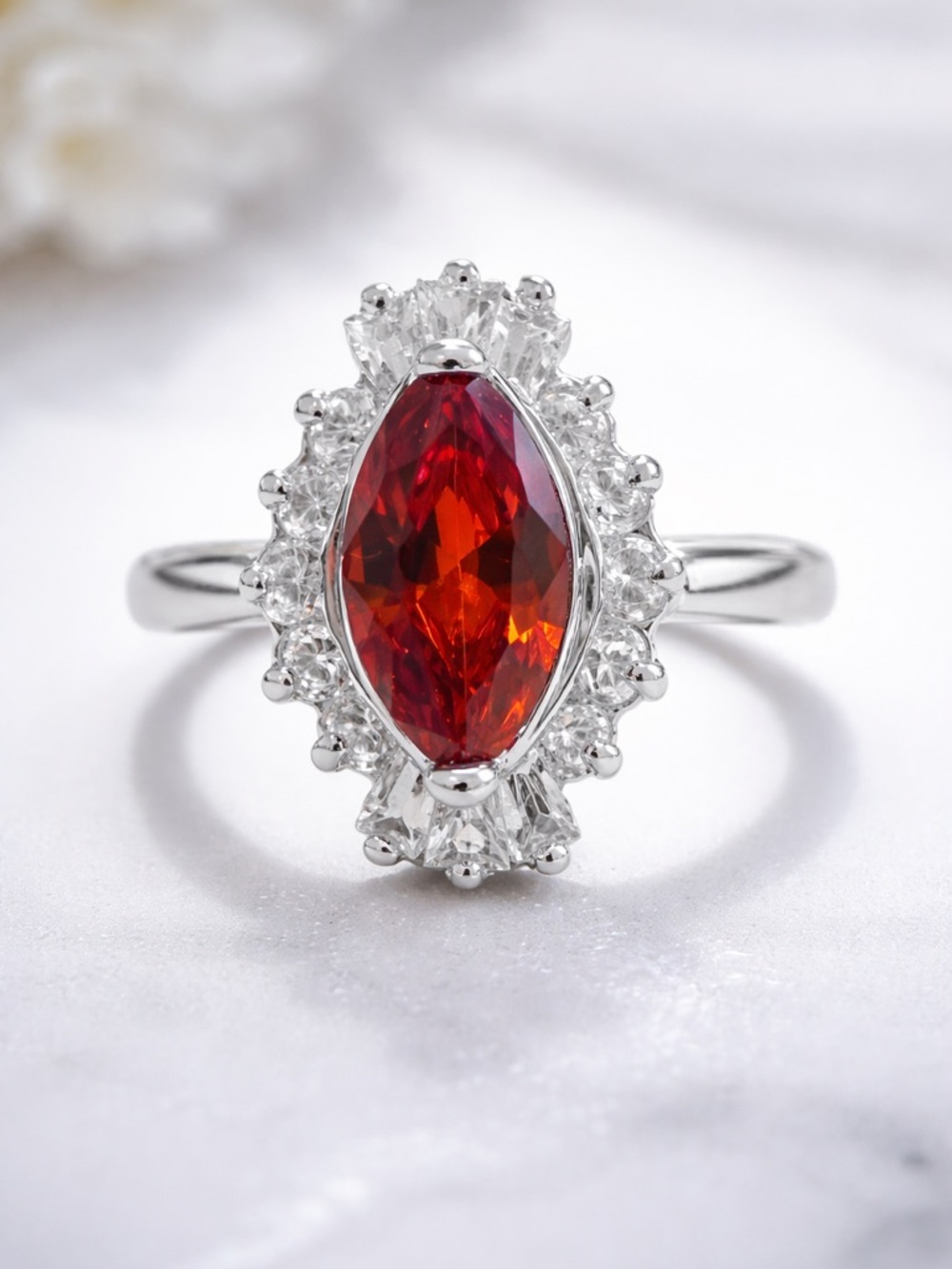 14K gold plated lab garnet & cubic zirconia  Marquise Halo Ring - size 9